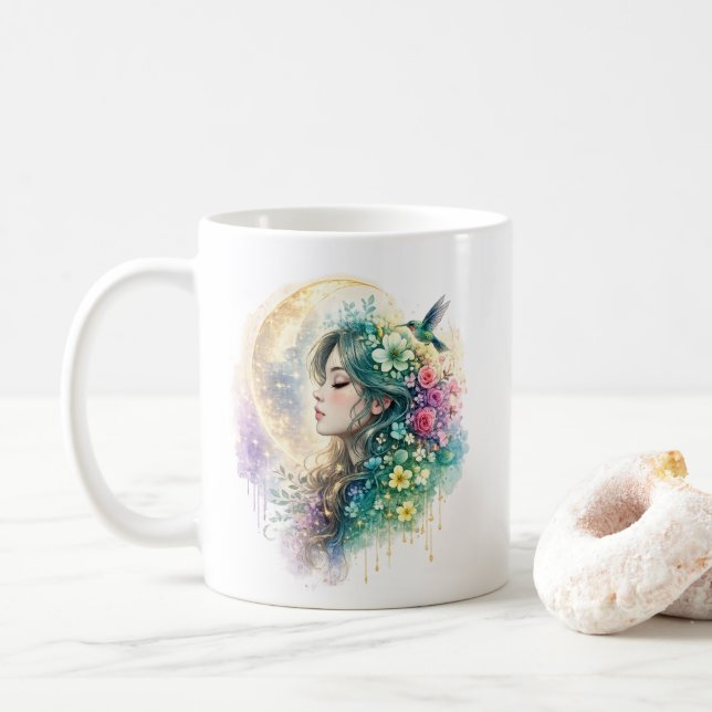De Café Caneca Mulher Floral Etérea Beija-flor (Com Donut)