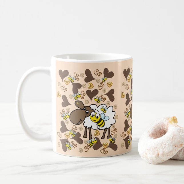 De Café Caneca Ovelhas Bege Corações Marrons (Com Donut)