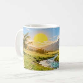 De Café Caneca Paisagem Rio Montanha Ensolarada