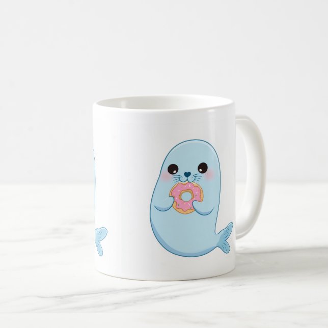 De Café Caneca para Crianças com Foca Azul Fofa e Donut  (Frente Esquerda)