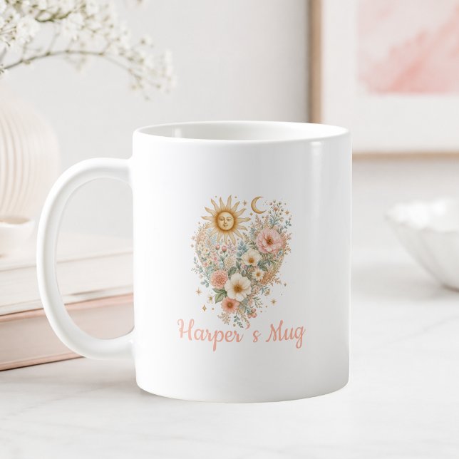 De Café Caneca Personalizada Boho Floral Coração Sol Lua (Personalized Boho Floral Heart Sun Moon Stars Script Font Mug)