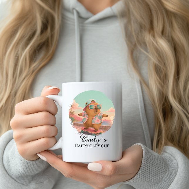 De Café Caneca Personalizada Capivara Feliz com Skate e No (Custom Skateboard Capybara Cup Name Custom Mug with your Name & Text.)