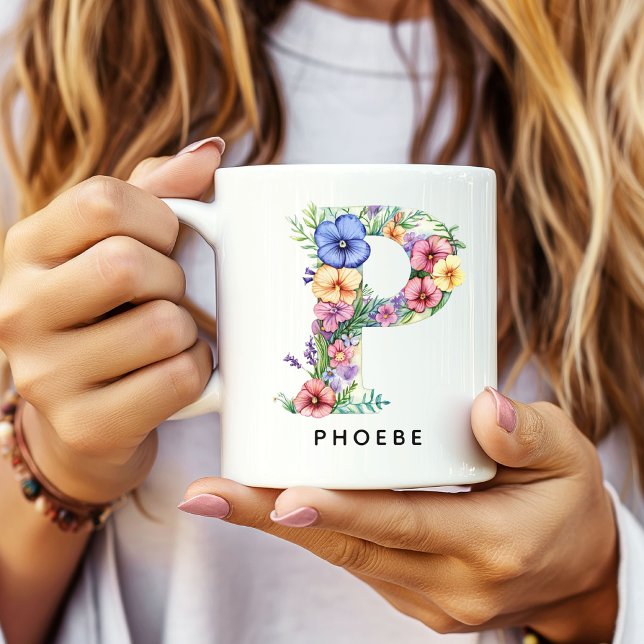 De Café Caneca Personalizada com Alfabeto Floral como Brin (Custom Monogram Name Mug for Mom or Bridesmaids, Custom Floral Alphabet Mug for Teacher or Nurse)