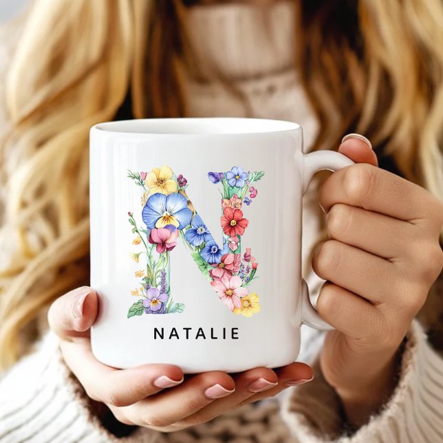 De Café Caneca Personalizada com Alfabeto Floral como Pres (Custom Monogram Name Mug for Mom or Bridesmaids, Custom Floral Alphabet Mug for Teacher or Nurse)