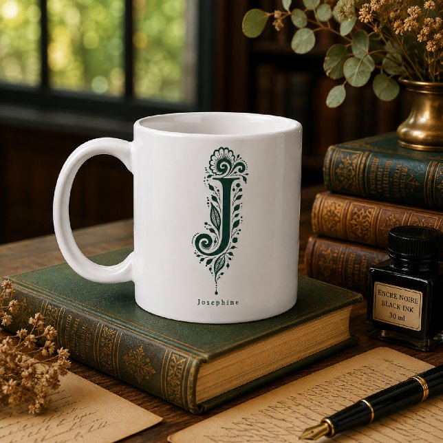 De Café Caneca Personalizada com Linocut Botânico da Letra (Criador carregado)