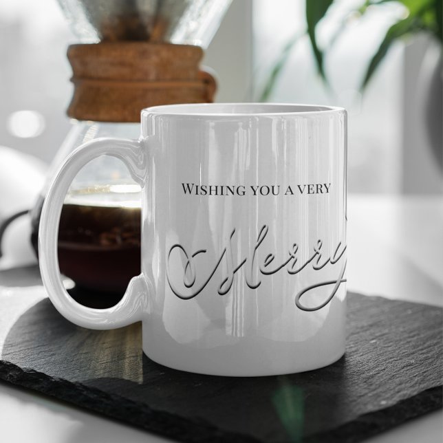 De Café Caneca Personalizada Feliz Natal Silver Script Nom (Elegant Merry Christmas mug with silver script and personalized name design)