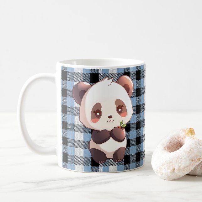 De Café Caneca Personalizada Kawaii Panda Xadrez Azul Buff (Com Donut)