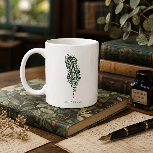 De Café Caneca Personalizada Linocut Botânico Letra A (Criador carregado)