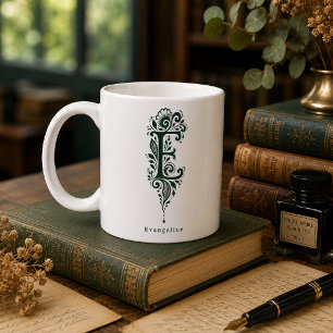 De Café Caneca Personalizada Linocut Botânico Letra E