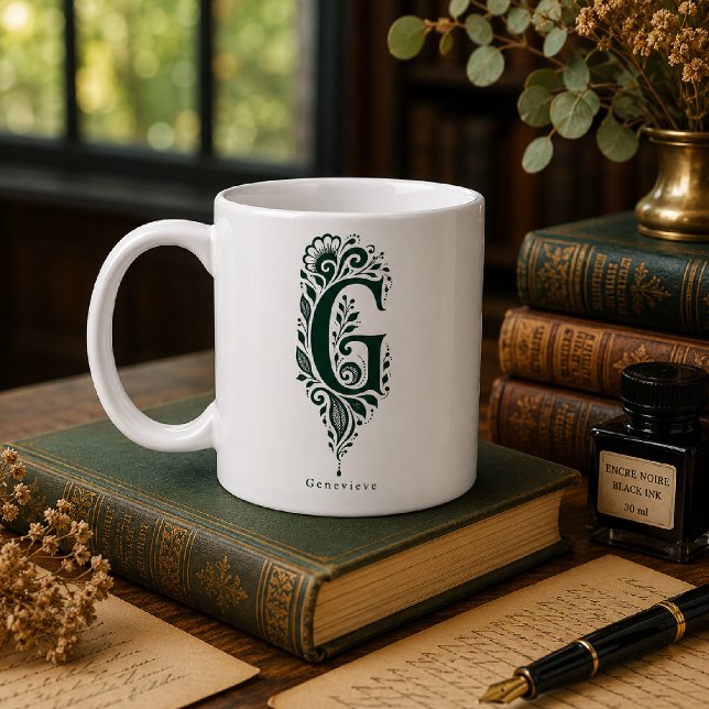 De Café Caneca Personalizada Linocut Botânico Letra G (Criador carregado)