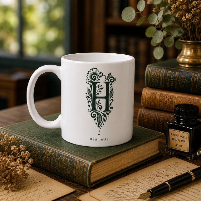 De Café Caneca Personalizada Linocut Botânico Letra H (Criador carregado)