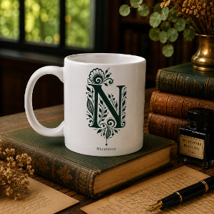 De Café Caneca Personalizada Linocut Botânico Letra N
