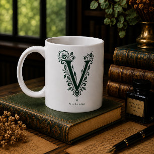 De Café Caneca Personalizada Linocut Botânico Letra V