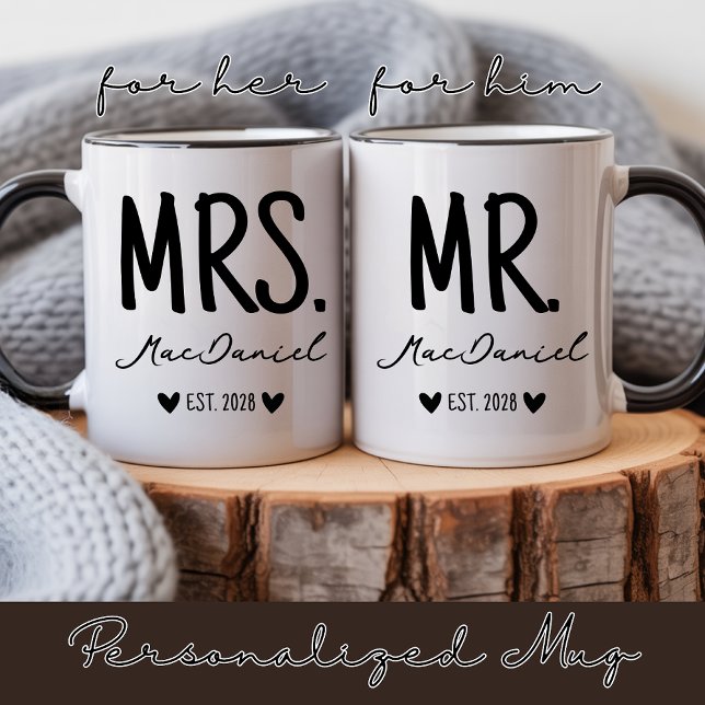 De Café Caneca Personalizada Moderna para Senhor e Senhora (Personalized Wedding Mug Gift for Bride and Groom, Custom Mr and Mrs Mug Bachelorette Party Gift)