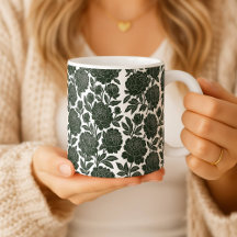 Caneca Rosa Preto e Branco Linocut Padrão Floral B
