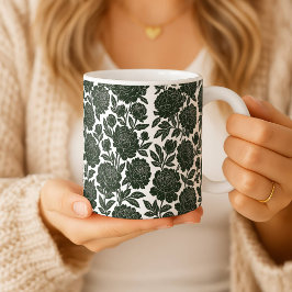 De Café Caneca Rosa Preto e Branco Linocut Padrão Floral B