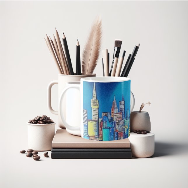 De Café cidade na caneca noturna só para você. (City at night beautiful stocking stuffer coffee mug.)
