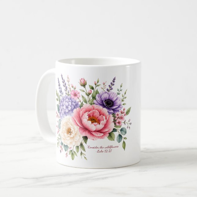 De Café Considere as Flores Silvestres Caneca Lucas 12:27 (Frente Esquerda)