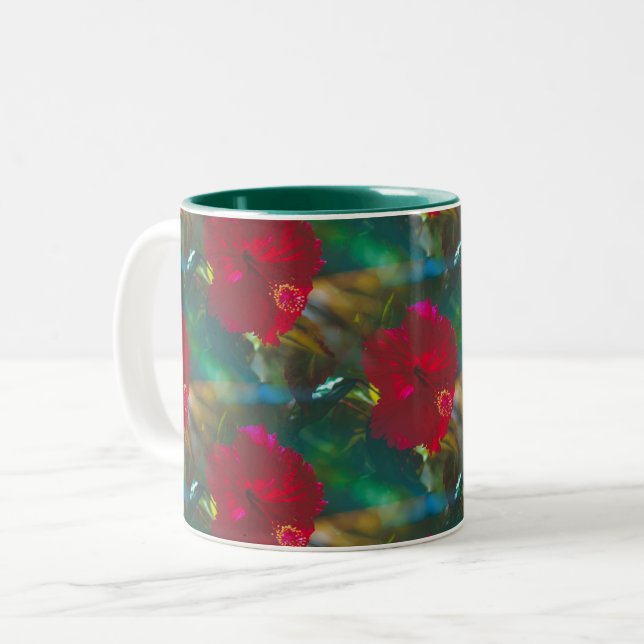 De Café Em Dois Tons Bright Vibrant Red Tropical Hibiscus duas caneca (Frente Esquerda)