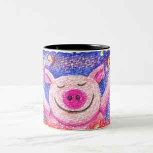 De Café Em Dois Tons Caneca alegre do tamanho padrão do porco da arte