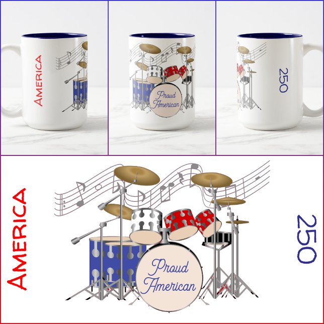 De Café Em Dois Tons CANECA - Bateria - Vermelho - Branco - Azul - Amér (Criador carregado)