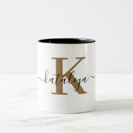 De Café Em Dois Tons Caneca Chic Monograma Ouro Preto Nome Script Elega