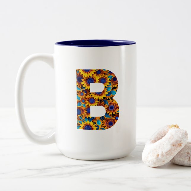 De Café Em Dois Tons Caneca com a letra B e girassóis (Com Donut)