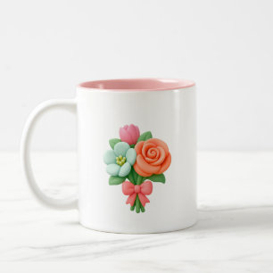 De Café Em Dois Tons Caneca com Buquê Floral 3D e Laço