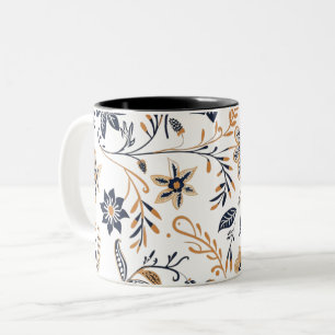 De Café Em Dois Tons Caneca com Elegante Padrão Floral Azul e Dourado