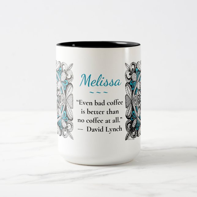 De Café Em Dois Tons Caneca com Laços Azuis Doodle Abstrato com Nome e  (Centro)