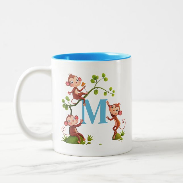 De Café Em Dois Tons Caneca com Macacos Modernos e Fofos e Inicial Turq (Esquerda)