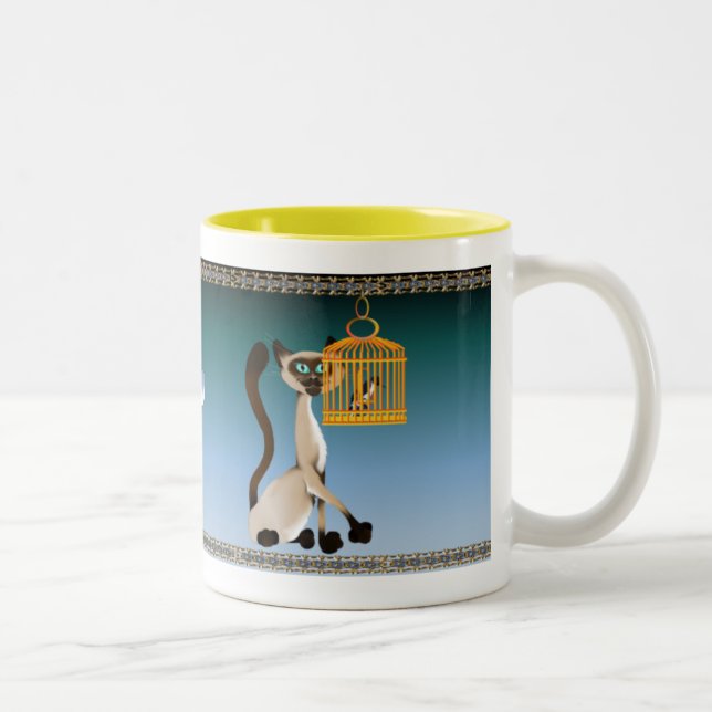 De Café Em Dois Tons Caneca do gatinho e do pássaro (Direita)