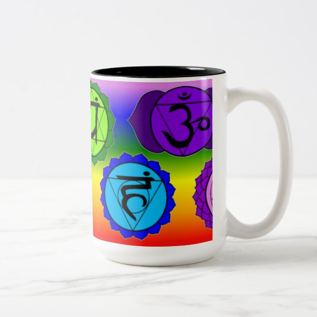 DE CAFÉ EM DOIS TONS CANECA DO SÍMBOLO DA IOGA REIKI SETE CHAKRA. (Direita)