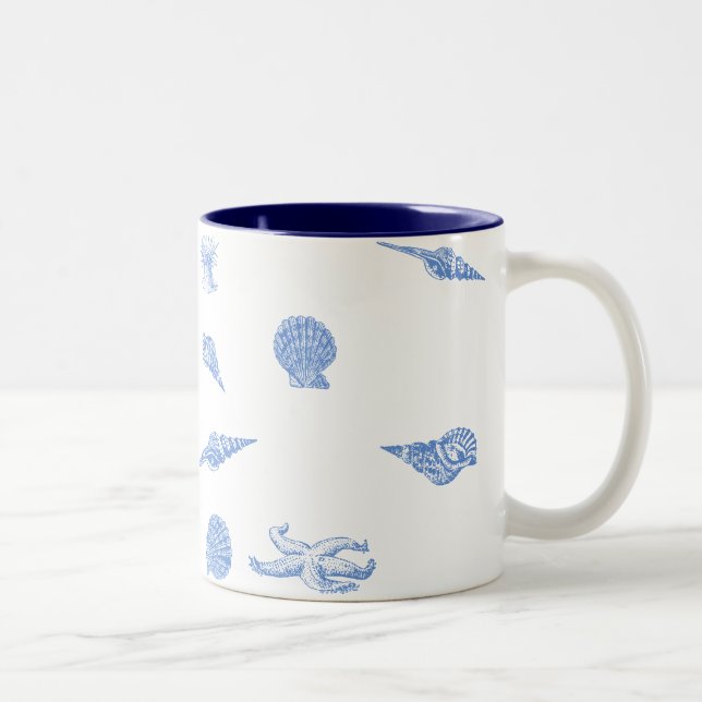 De Café Em Dois Tons Caneca do teste padrão azul dos Seashells e da (Direita)
