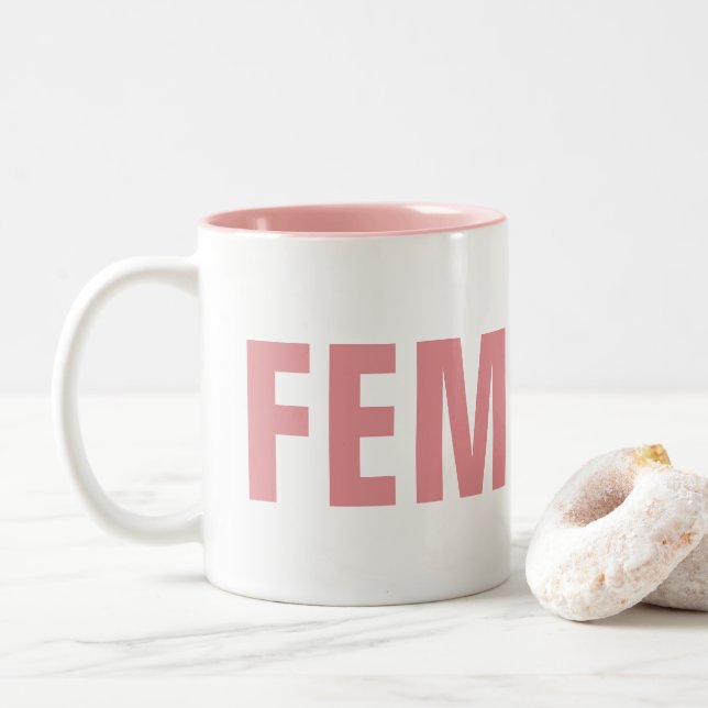 De Café Em Dois Tons Caneca do tom da FEMINISTA dois: Rosa e branco (Com Donut)