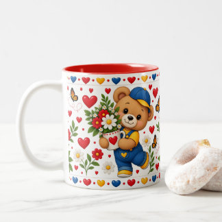 De Café Em Dois Tons Caneca do Ursinho Teddy Fofo com Flores e Corações