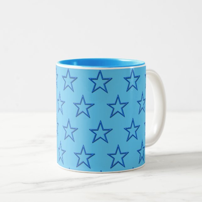 De Café Em Dois Tons Caneca - Estrelas Azuis no Azul Claro (Frente Esquerda)