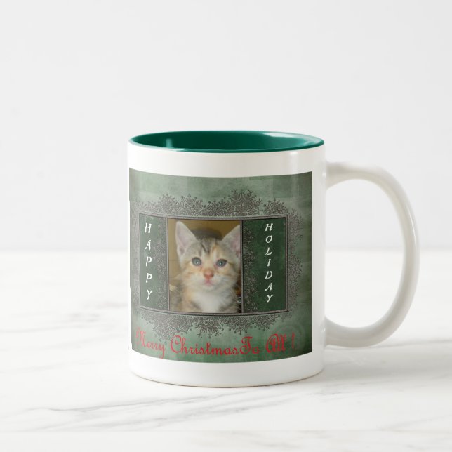 De Café Em Dois Tons Caneca feliz do gatinho do Natal do feriado! (Direita)