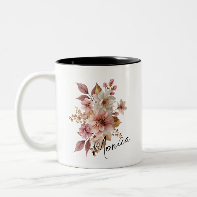 De Café Em Dois Tons Caneca Floral Aquarela Personalizada (Esquerda)