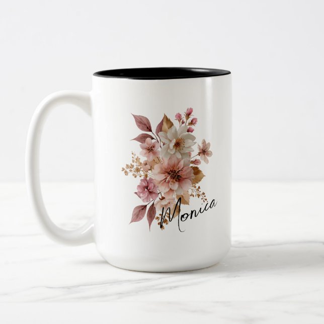 De Café Em Dois Tons Caneca Floral Aquarela Personalizada (Esquerda)