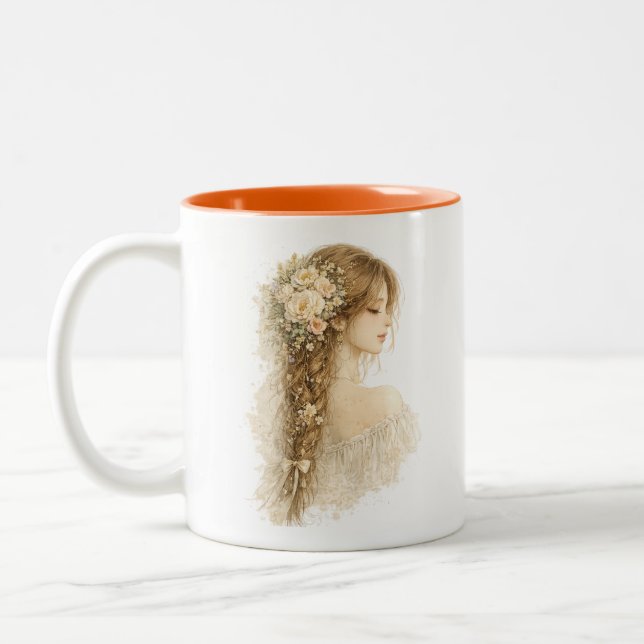 De Café Em Dois Tons Caneca Floral Boho Menina Trançada (Esquerda)