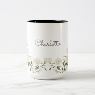 De Café Em Dois Tons Caneca Floral Branca Personalizada, Nome Personali