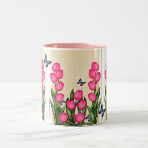 De Café Em Dois Tons Caneca floral das tulipas cor-de-rosa
