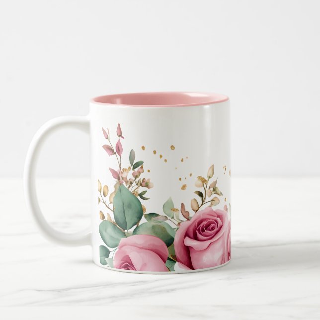 De Café Em Dois Tons Caneca Floral Elegante com Rosas Rosa e Verde (Esquerda)