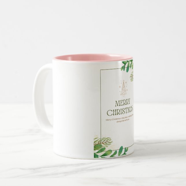 De Café Em Dois Tons Caneca Folha Verde Feliz Natal (Frente Esquerda)