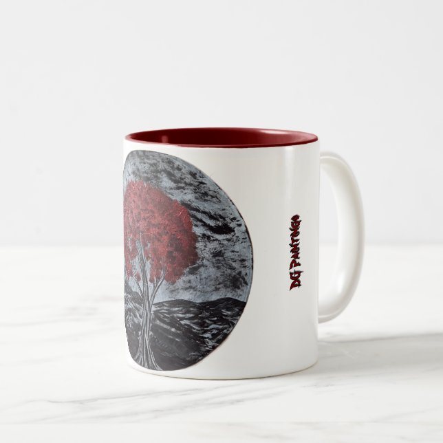 De Café Em Dois Tons Caneca Folhas Carmesim DG Paintings (Frente Esquerda)