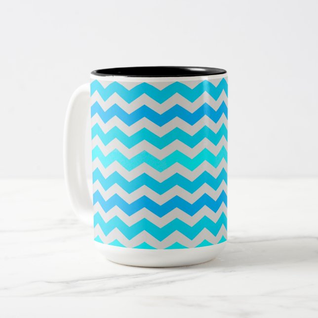 De Café Em Dois Tons Caneca Listrada Azul e Aqua Chevron Grande (Frente Esquerda)