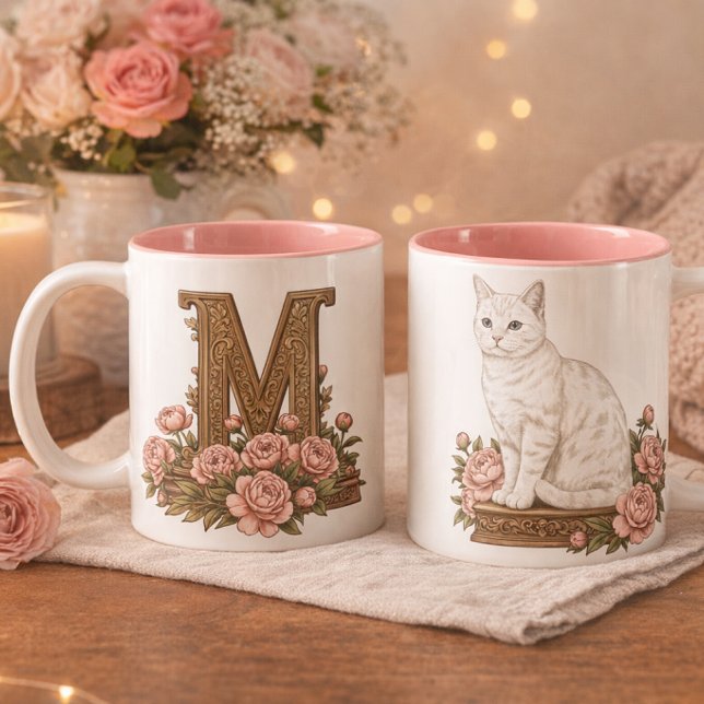 De Café Em Dois Tons Caneca Monograma Olhos Azuis Gato Branco (White Cat Blue Eyes Monogram Mug - Personalized Initial Mug - Elegant Cat Lover Gift)