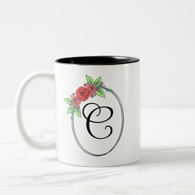 De Café Em Dois Tons Caneca Monogramada com Floral Coral (Esquerda)