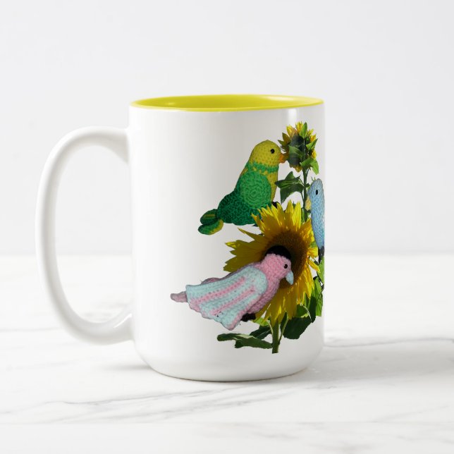 De Café Em Dois Tons Caneca - Pássaros no Girassol Nome sobre a Flor (Esquerda)